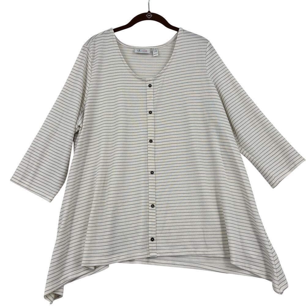 Denim & Co Jersey Knit Top Size 1X White Gray Stripe 3/4 Sleeve Pullover Stretch